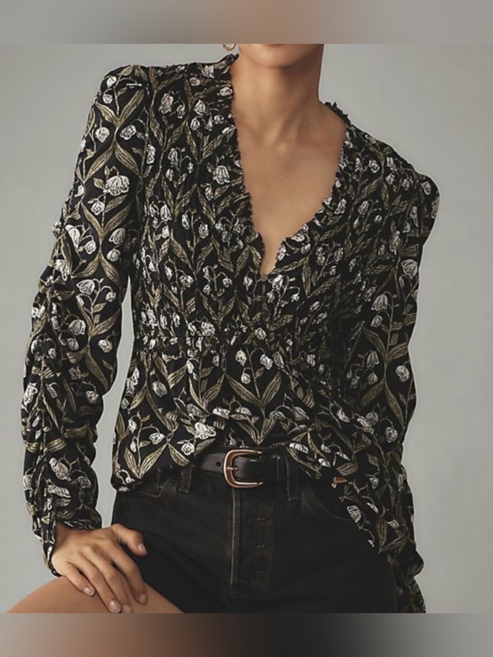 Anthropologie Black and Green Floral Ruffled V-Neck Blouse - Size L